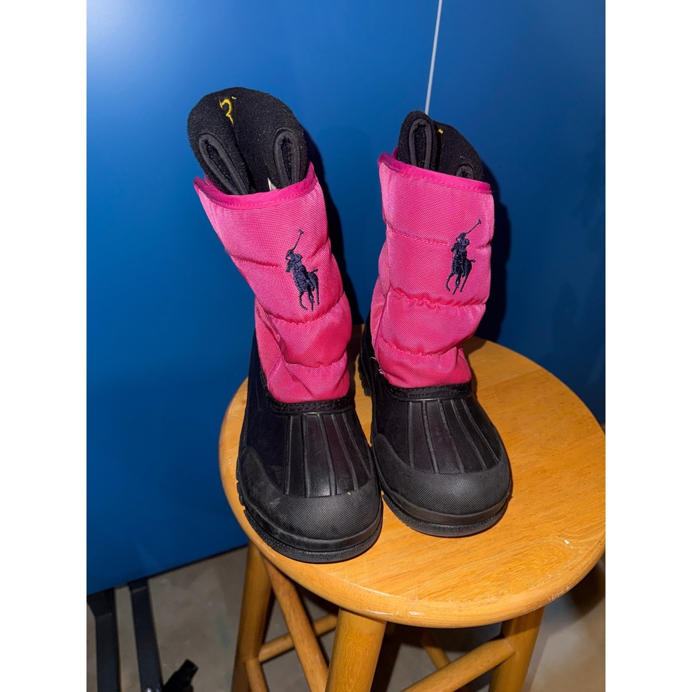 Polo Ralph Lauren Girls Pink Black Quilted Duck Snow Boots Size 1 Kids